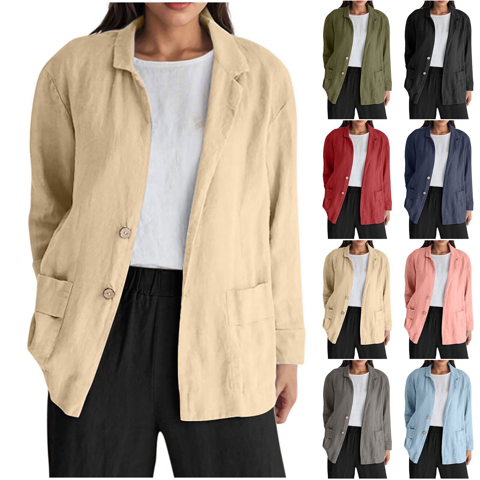 Loose-fit Solid-color Long-sleeve Cotton-linen Coat With Buttons For Women