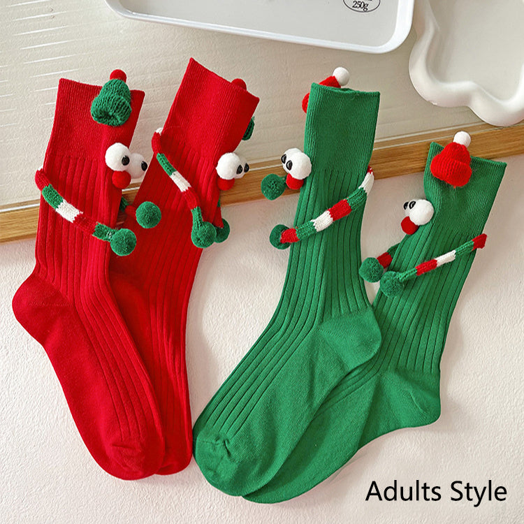 Whimsical Googly Eye 3D Christmas Socks in Red and Green for Kids