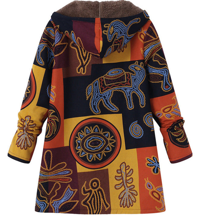 Retro Warm Printed Pocket Thick Zippered Hooded Coat