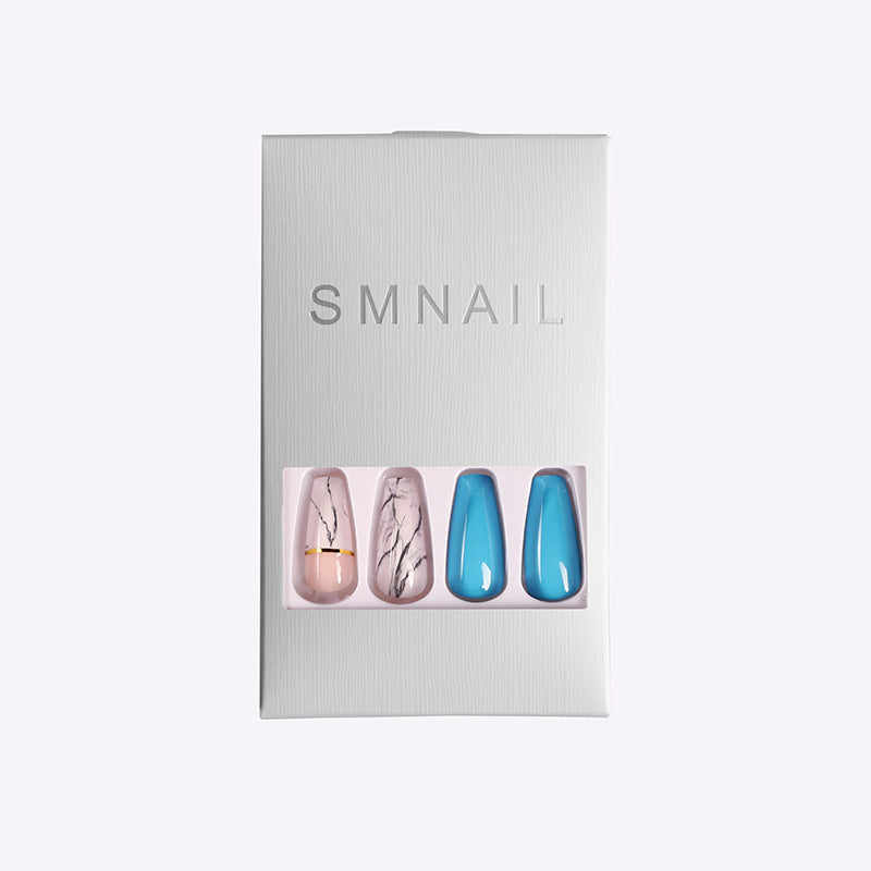 Ballet Coffin Shaped Marble and Jewel Toned Nail Set-Blue/Pink-Theone Apparel