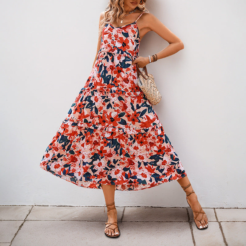 Breezy Floral Swing Dress with Spaghetti Straps for Vacations-Theone Apparel