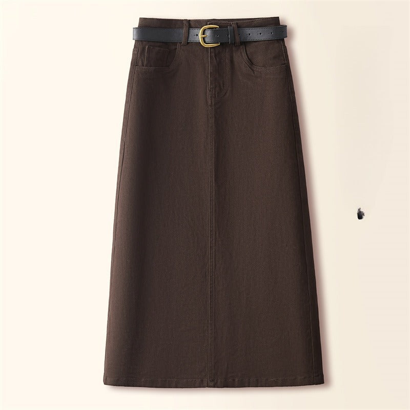 Brown A-Line Retro Slit Skirt That Flatters Every Curve-Brown-Theone Apparel