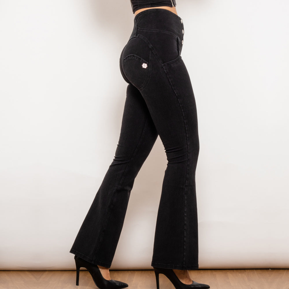 Button-Up High-Waisted Flared Jeans with Push-Up Support-Theone Apparel