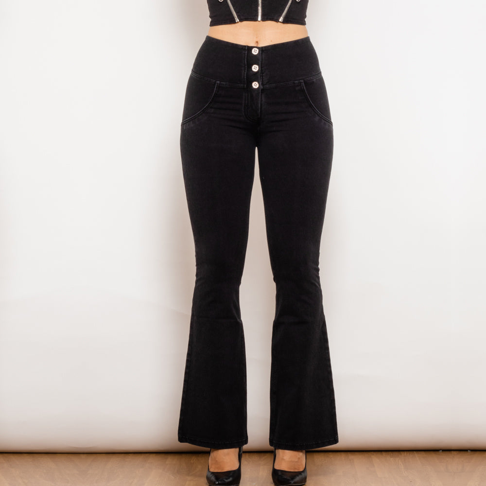 Button-Up High-Waisted Flared Jeans with Push-Up Support-Black-Theone Apparel