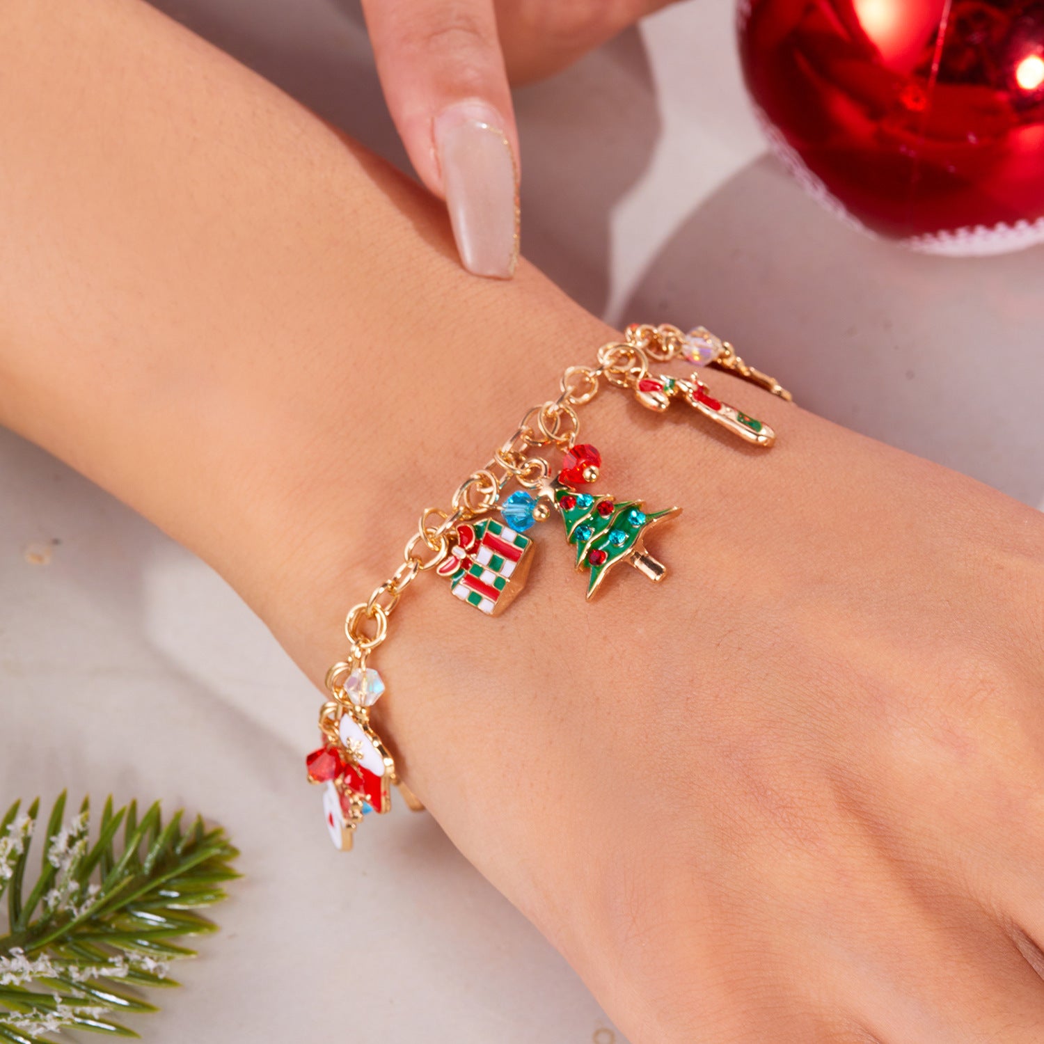 Christmas Rhinestone-Accent Enameled Toggle-Clasp Women's Charm Bracelet in Assorted Styles-Theone Apparel