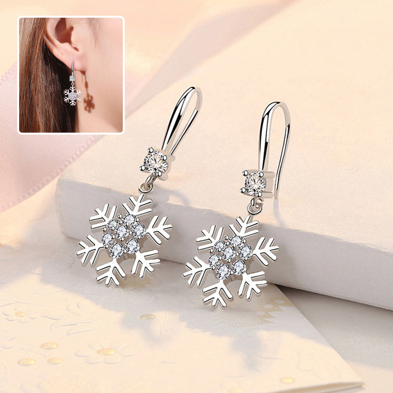 Christmas Winter White Gold-Tone Diamante Rhinestone Snowflake Dangle Earrings-Theone Apparel