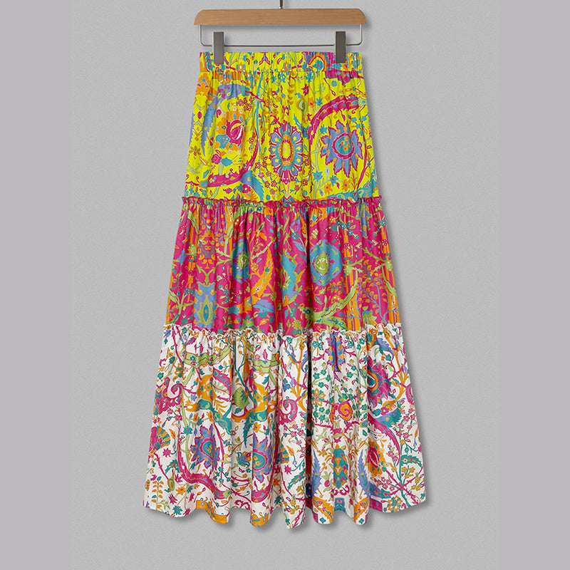 Color Block Floral Maxi Skirt With Elastic Drawstring Waist-Theone Apparel