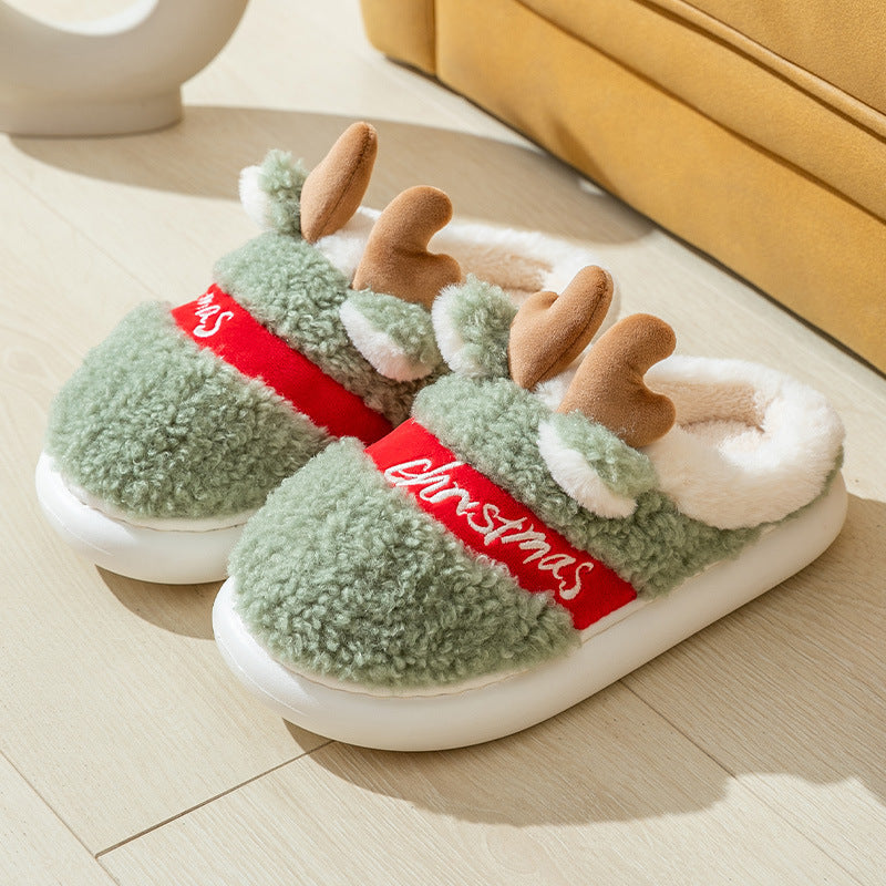 Cute and Whimsical 3D Reindeer Fleece Slippers with Traction-Green-Theone Apparel