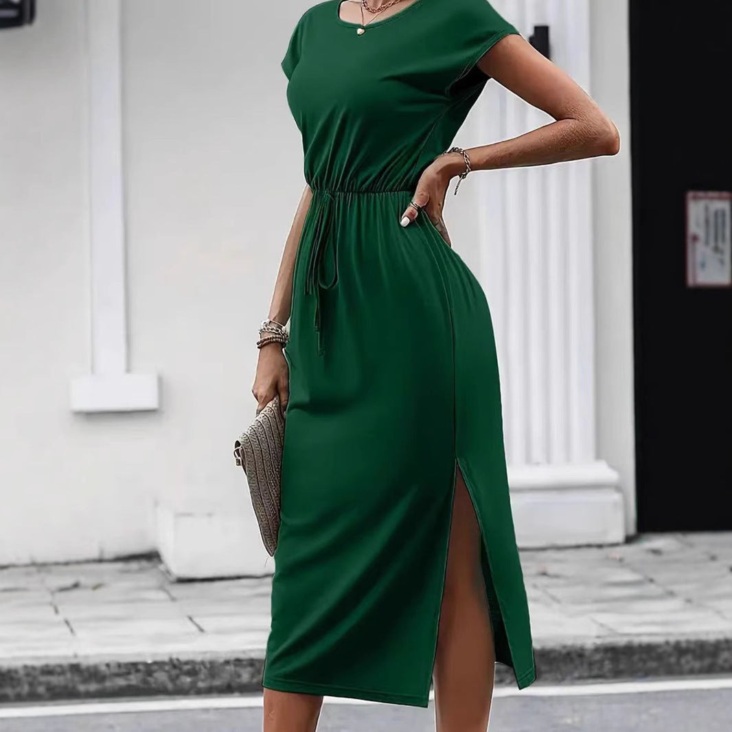 Effortless Simple Casual Round-Neck Short-Sleeve Dress with Cinched Waist-Theone Apparel