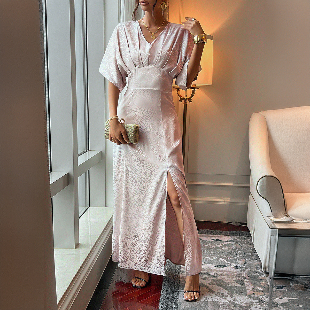 Elegant Midi Split Dress with Retro Short Sleeves and Charm-Pink-Theone Apparel