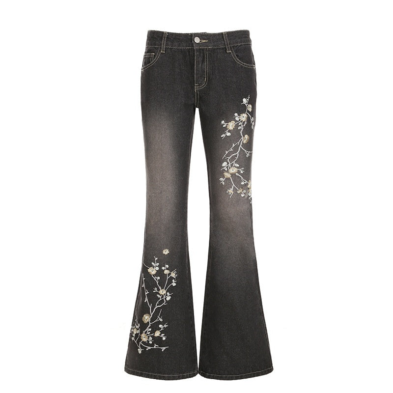 Embroidered White Skinny Jeans with Retro Floral Detail-Black-Theone Apparel