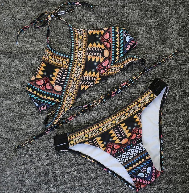 Ethnic Style Cross-Strap Bikini with Bold Print Accents-Theone Apparel