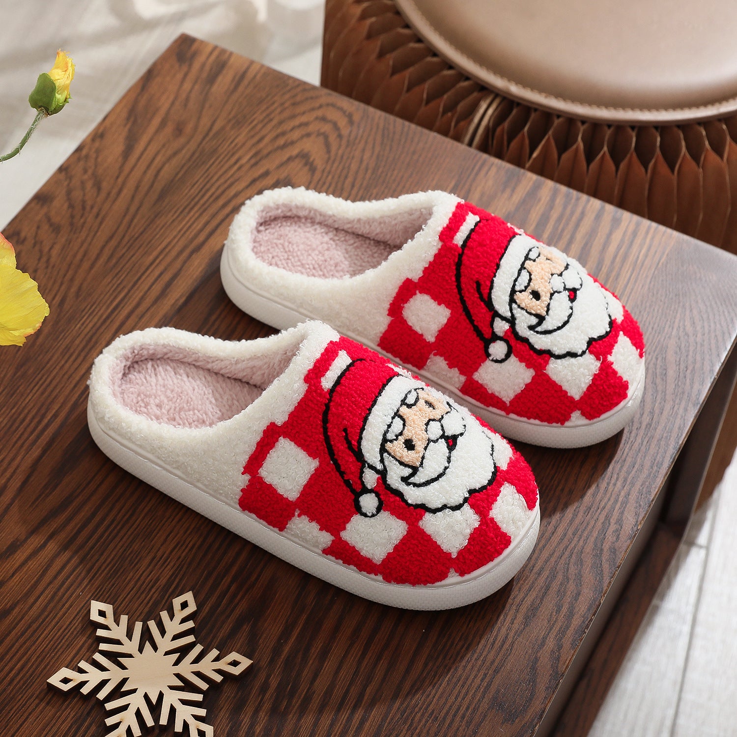 Festive Red and White Checkered Santa Claus Fleece Slipon Shoes-Red-Theone Apparel