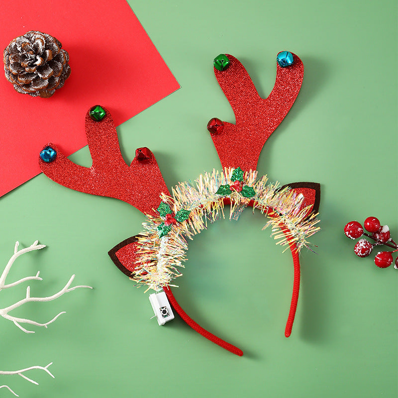 Festive Tinsel-Accent Decorated Christmas Party Satin-Covered Headband in Assorted Styles-Deer Bells-Theone Apparel