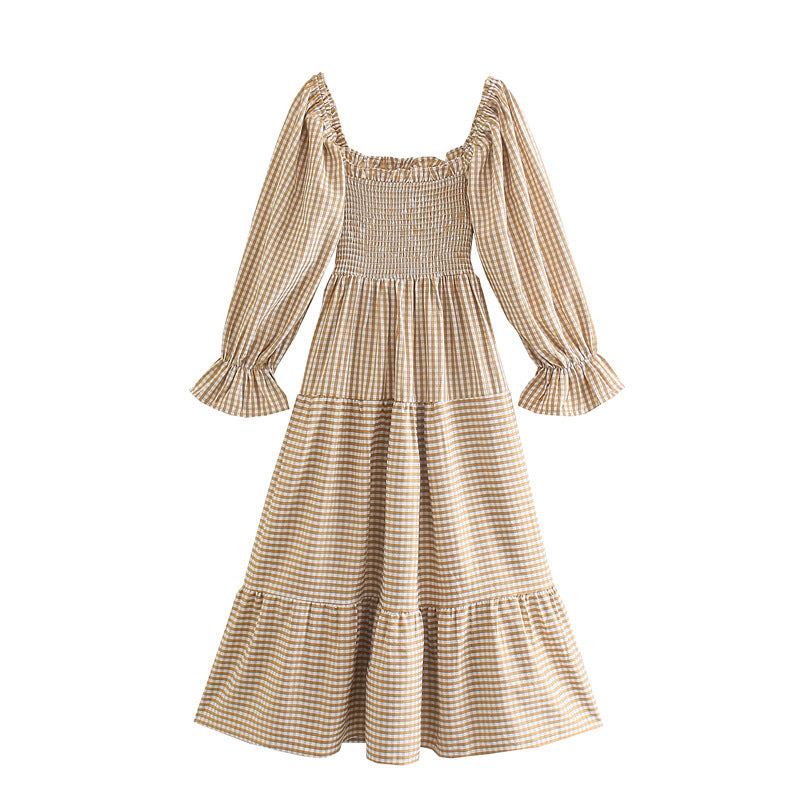 Flowy Khaki Plaid Dress with Elastic Waist for Leisure Wear-Theone Apparel