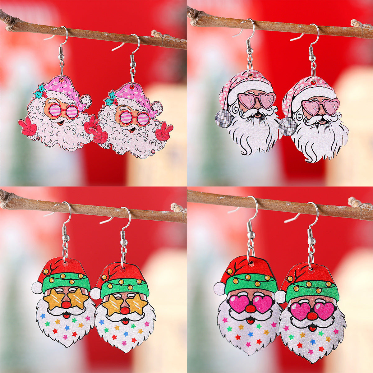 Funky Fun Wooden Cool Santa With Sunglasses Dangle Earrings in Assorted Styles-Theone Apparel