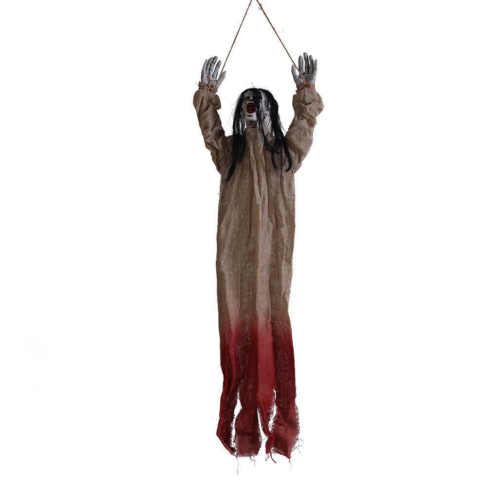 Hanging Ghouls with Wrist Ties Halloween Yard Decorations-Black Hair Yellow Coat-Theone Apparel