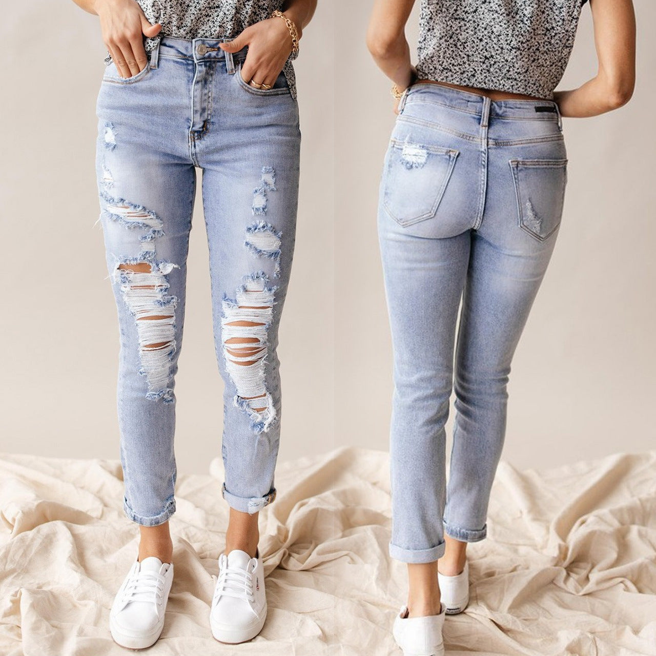 High-Waist Distressed Leisure Jeans for Spring and Summer-Theone Apparel
