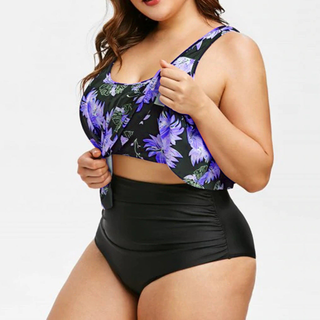 High-Waist Lotus Print One-Piece Swimsuit for Elegant Flair-Theone Apparel