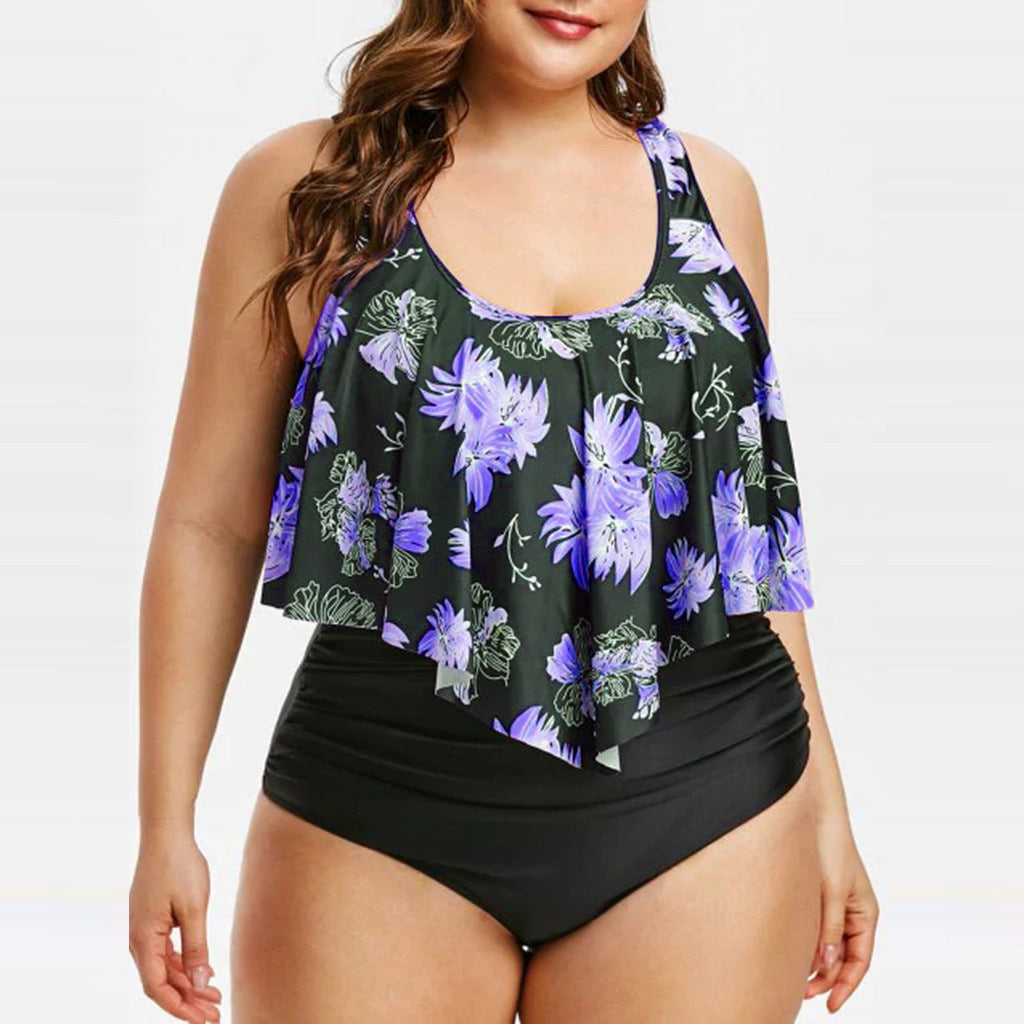High-Waist Lotus Print One-Piece Swimsuit for Elegant Flair-Purple-Theone Apparel