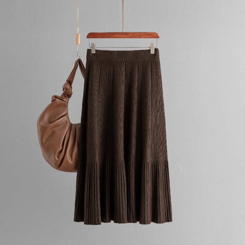 High Waist Pleated Mid Skirt For Versatile Everyday Wear-Brown-Theone Apparel