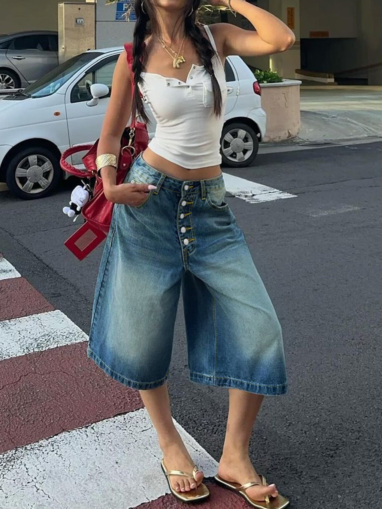 High-Waisted Multi-Breasted Denim Shorts with Modern Edge-Blue-Theone Apparel