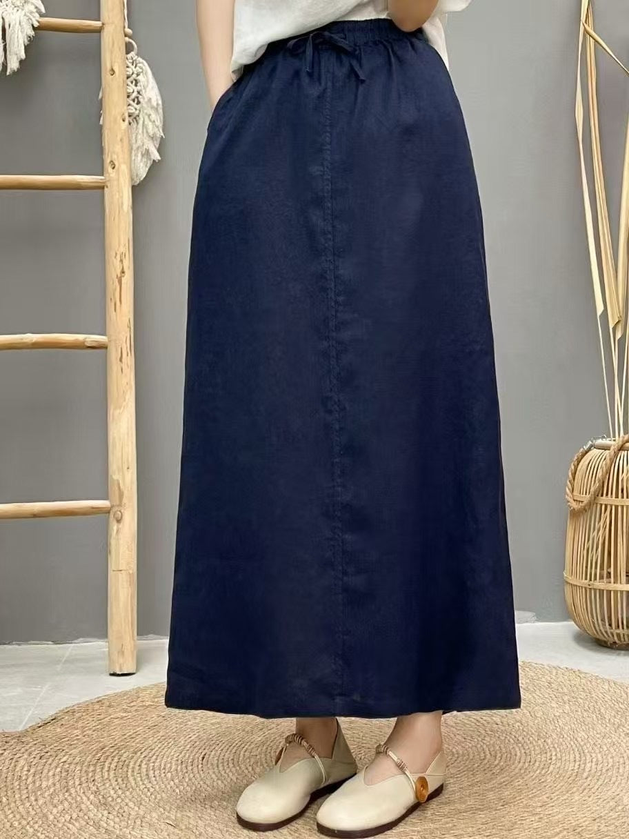 Lace Up Linen High Waist Skirt With Back Slit-Navy Blue-Theone Apparel