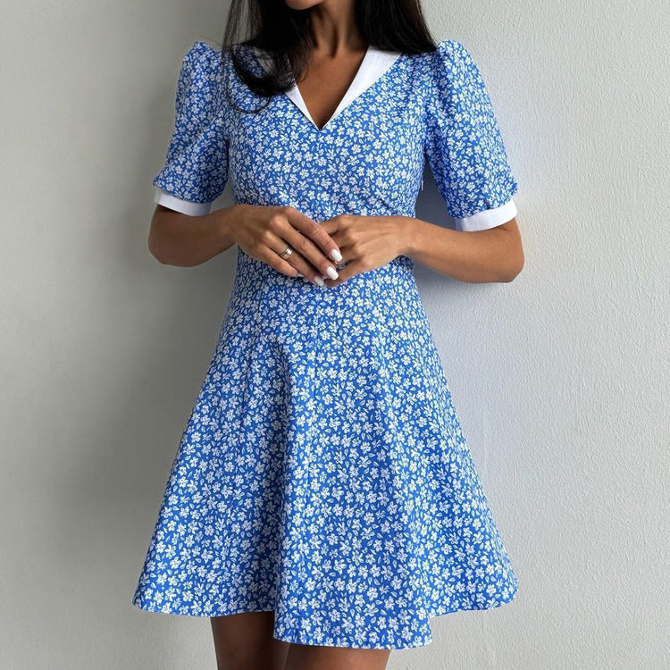 Lapel High Waist Blue Floral Midi Dress with Timeless Charm-Blue-Theone Apparel