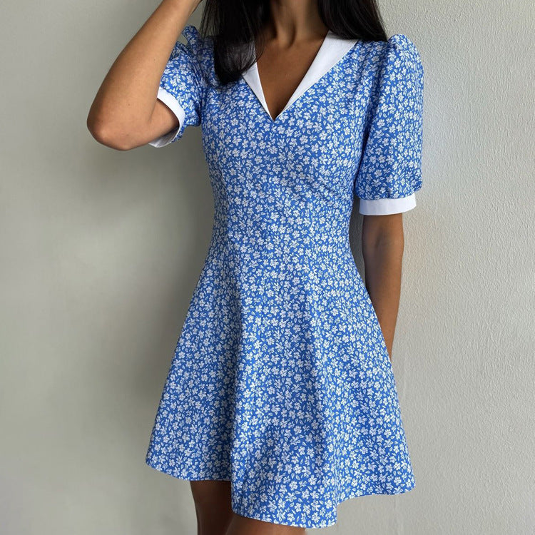 Lapel High Waist Blue Floral Midi Dress with Timeless Charm-Theone Apparel