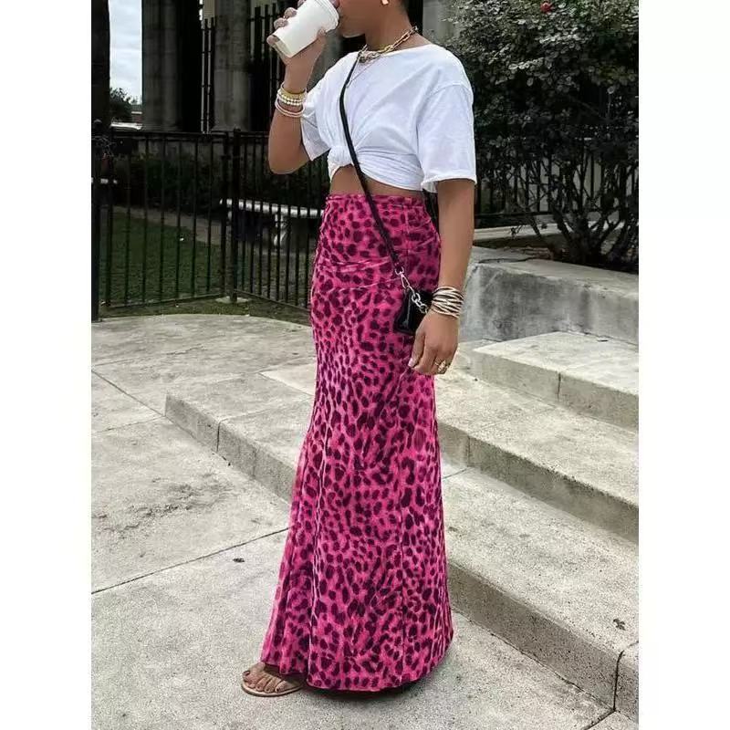 Leopard Print High Waist Skirt For Elegant Bold Looks-Rose Red-Theone Apparel