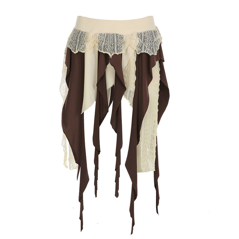 Leopard Print Mesh Pleated Skirt With Irregular Hem-Brown with Beige Strip-Theone Apparel