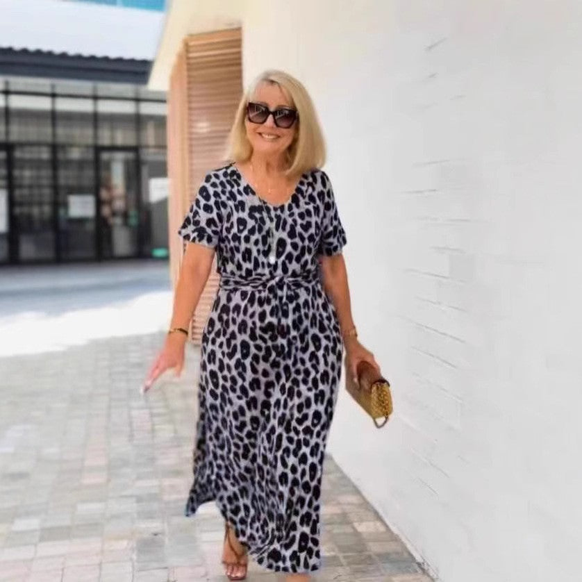 Leopard Print Short-Sleeve V-Neck Dress for Wild Charm-Light Blue-Theone Apparel