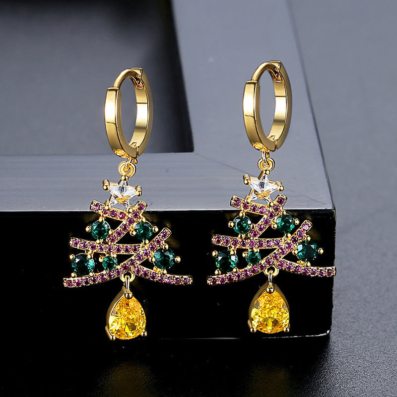 Modern Christmas Tree Dangle Drop Earrings with Multiple Colored Jewels-Theone Apparel