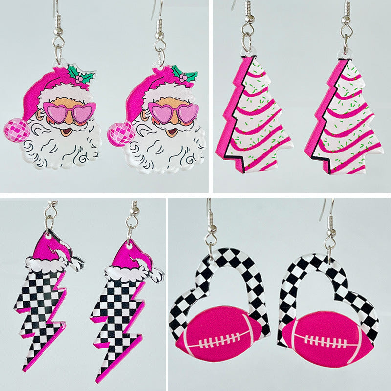 Pink & Checkerboard Retro 1980s-Style Christmas Acrylic Dangle Earrings in Assorted Styles-Theone Apparel