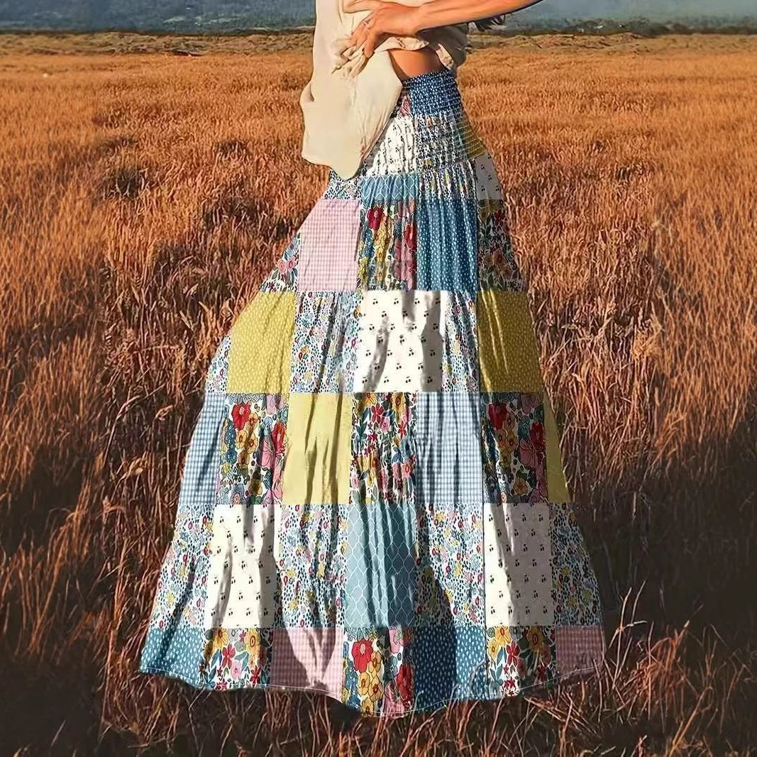 Printed Stitching Floral Long Skirt For Popular Everyday Wear-Theone Apparel