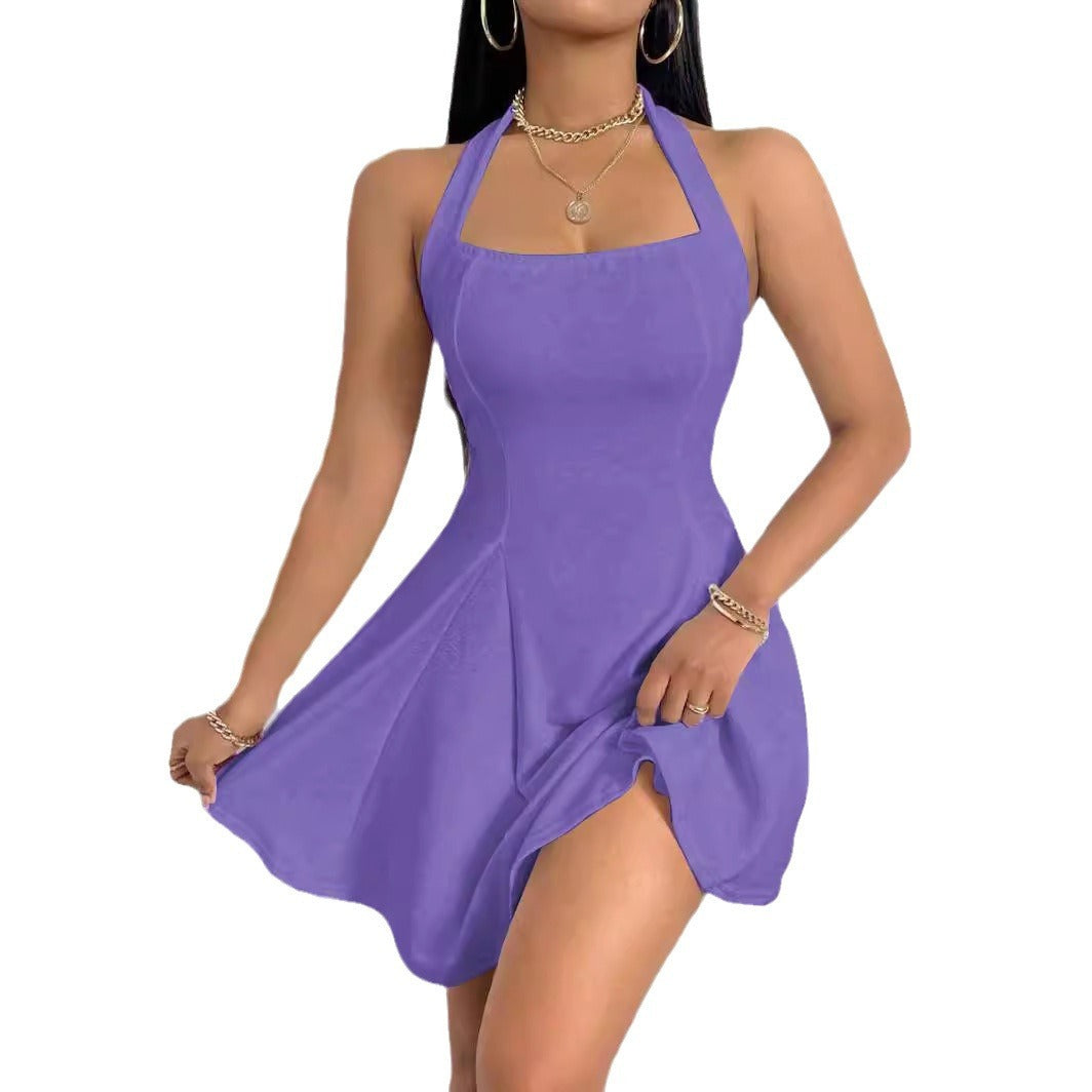 Pure-Color Halter Backless Sleeveless Dress for Chic Minimalism-Theone Apparel