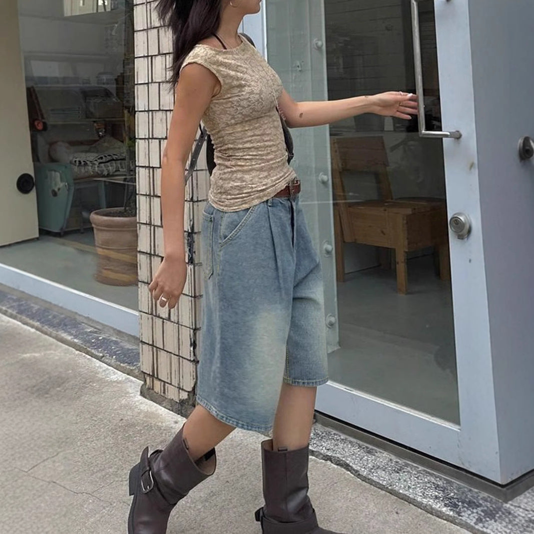 Retro Pleated Wide-Leg Denim Shorts with Loose Fit Charm-Theone Apparel