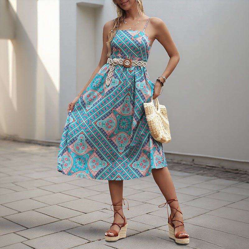 Retro Print Slip Dress with Vintage Vibes Chic Lines-Theone Apparel
