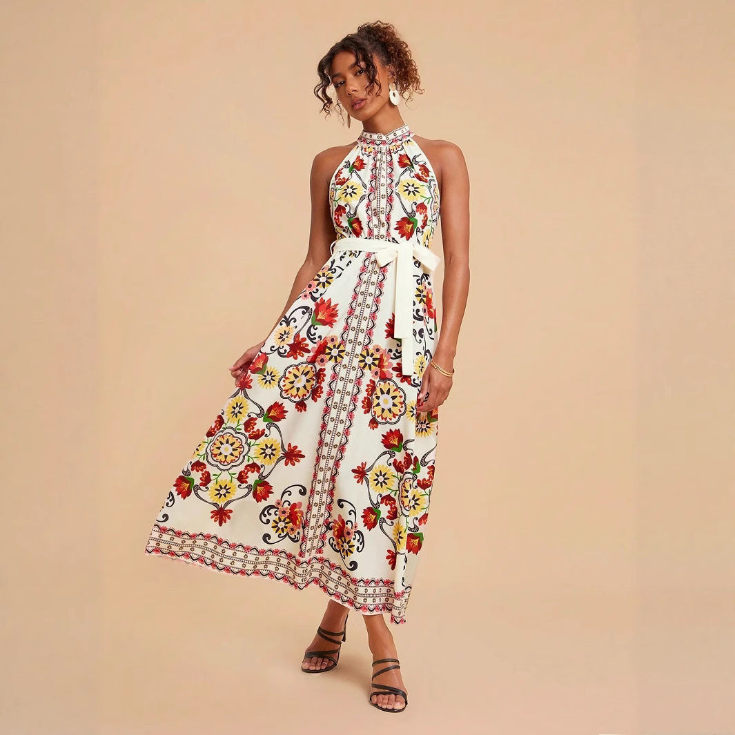 Romantic Floral Print Midi Dress with Lace-Up Sleeveless Accents-Theone Apparel