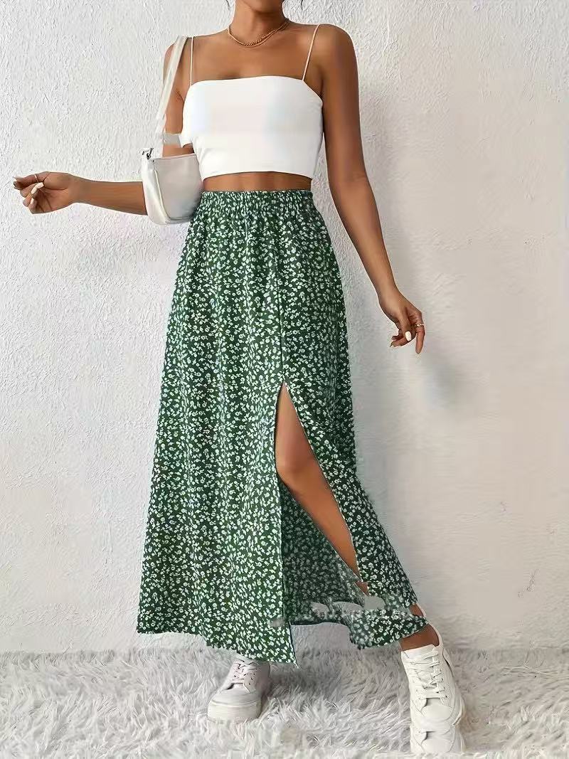Side Slit Printed Skirt For Fashionable Everyday Wear-Green-Theone Apparel