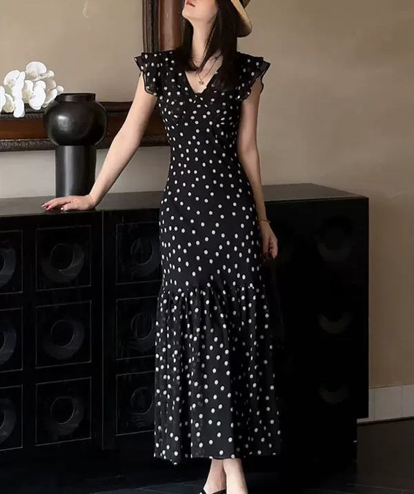 Sleek Black Polka Dot Dress with French-Inspired Slim Fit-Black Polka Dot Dress-Theone Apparel