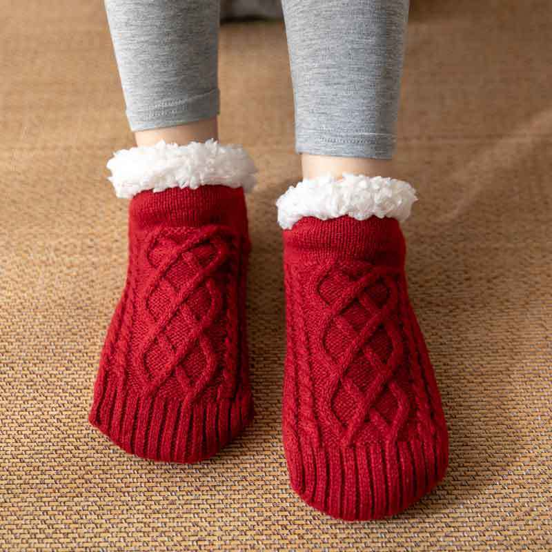 Soft Knit Style Winter Socks with White Fleece Lining in Multiple Colors-Wine red-Theone Apparel