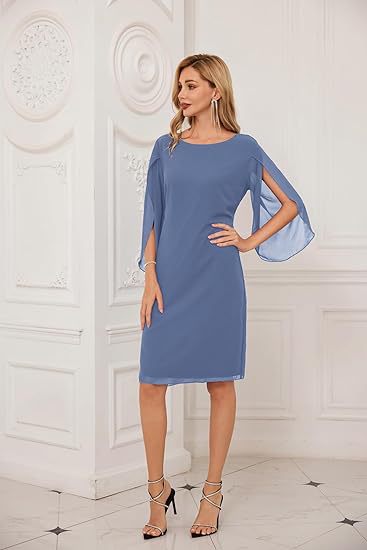 Sophisticated Irregular Sleeve Solid Chiffon Dress for Effortless Elegance-Blue-Theone Apparel