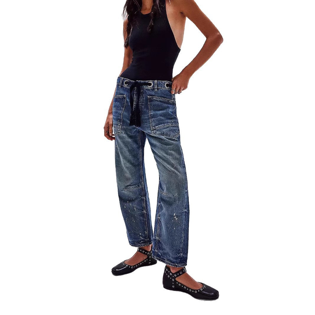 Splash-Ink Drawstring Loose Jeans with Artistic Casual Twist-Blue-Theone Apparel