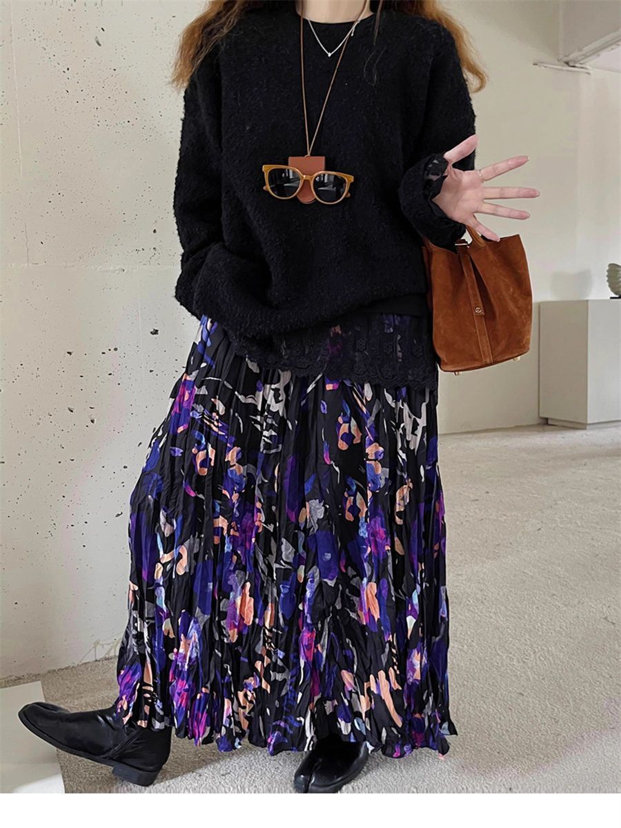 Vintage Crumpled Floral Skirt For Unique Everyday Style-Theone Apparel