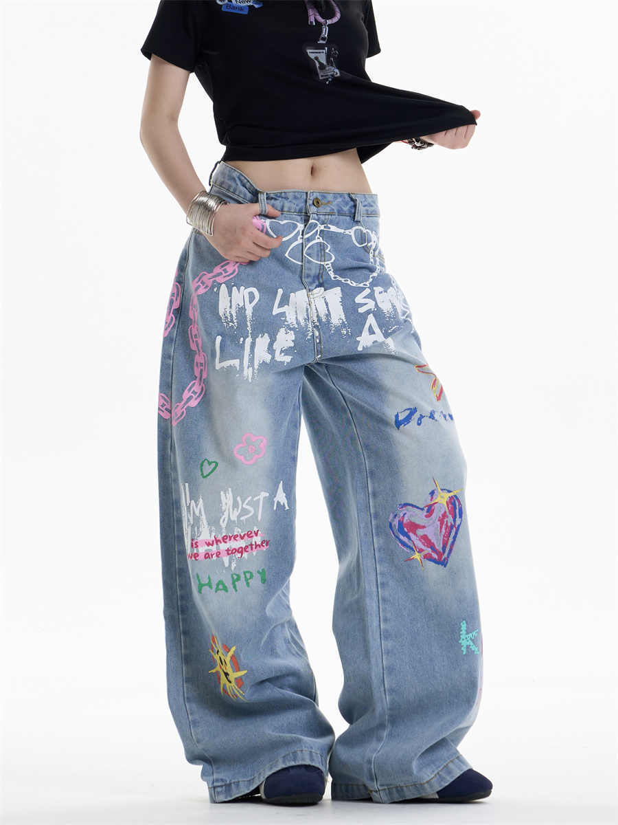 Waist Chain Print Wide-Leg Jeans for Bold Urban Edge-Theone Apparel