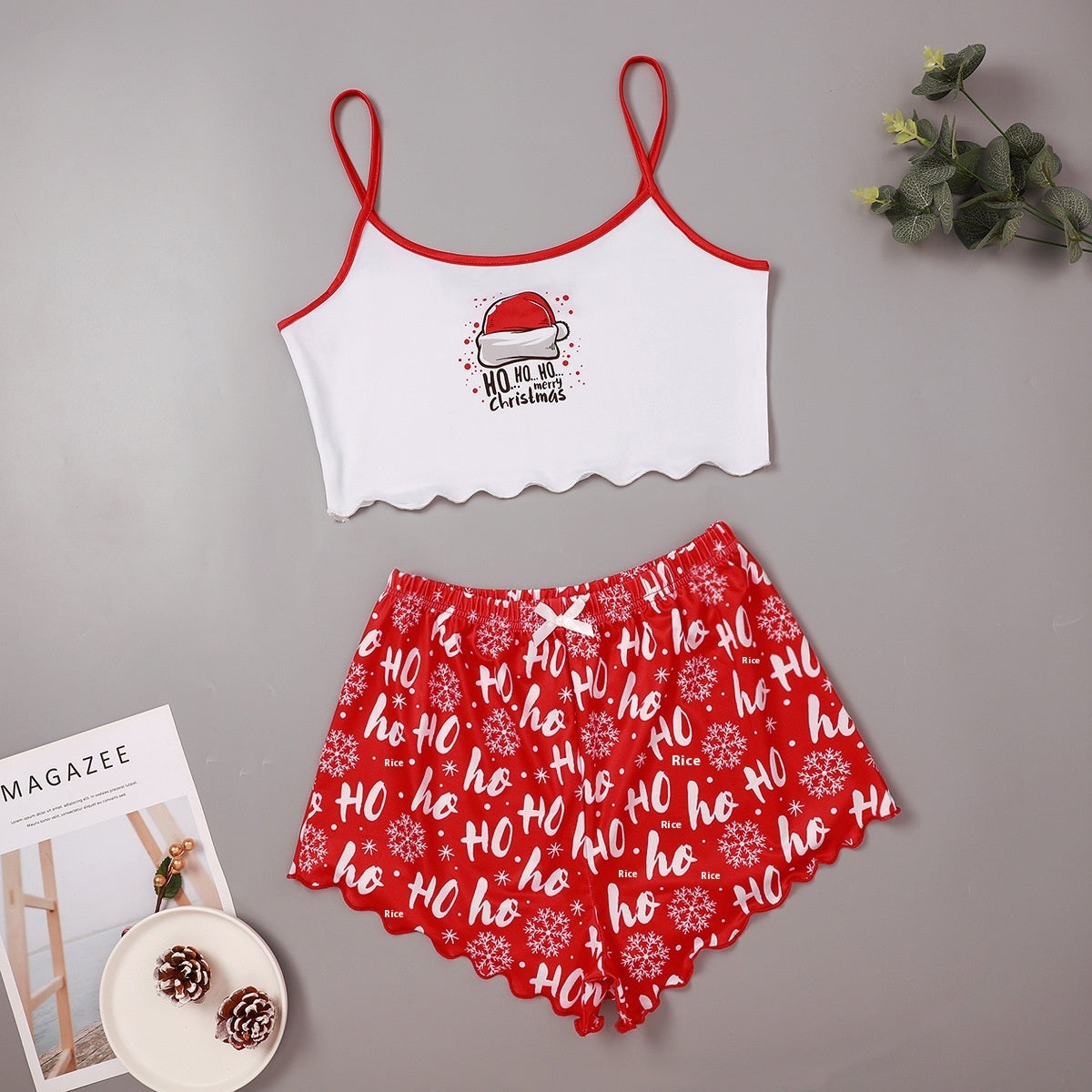 Women's Adorable Two Piece Christmas Pajama Crop Top and Shorts Set-Ho Christmas Hat-Theone Apparel