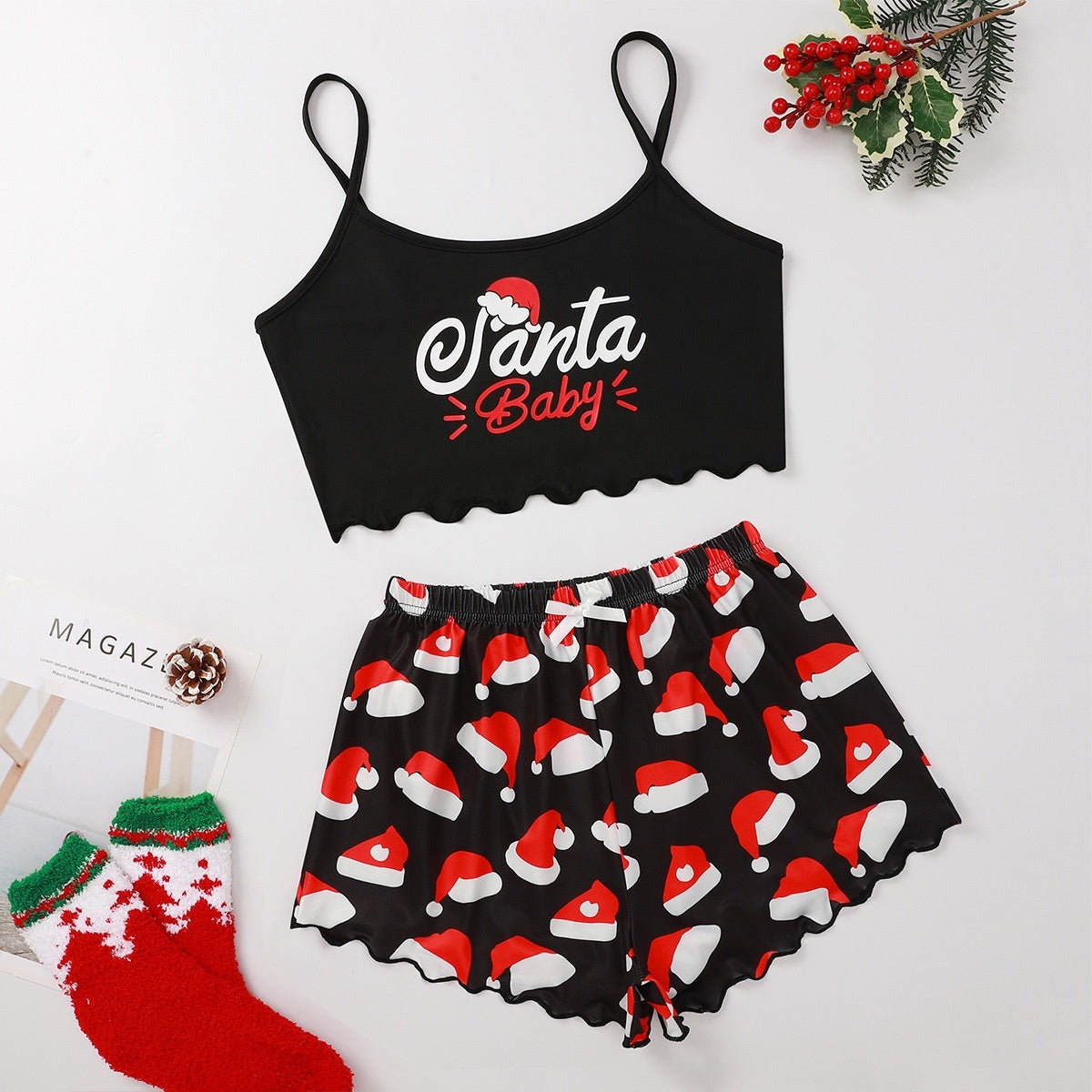 Women's Adorable Two Piece Christmas Pajama Crop Top and Shorts Set-Santa Baby-Theone Apparel