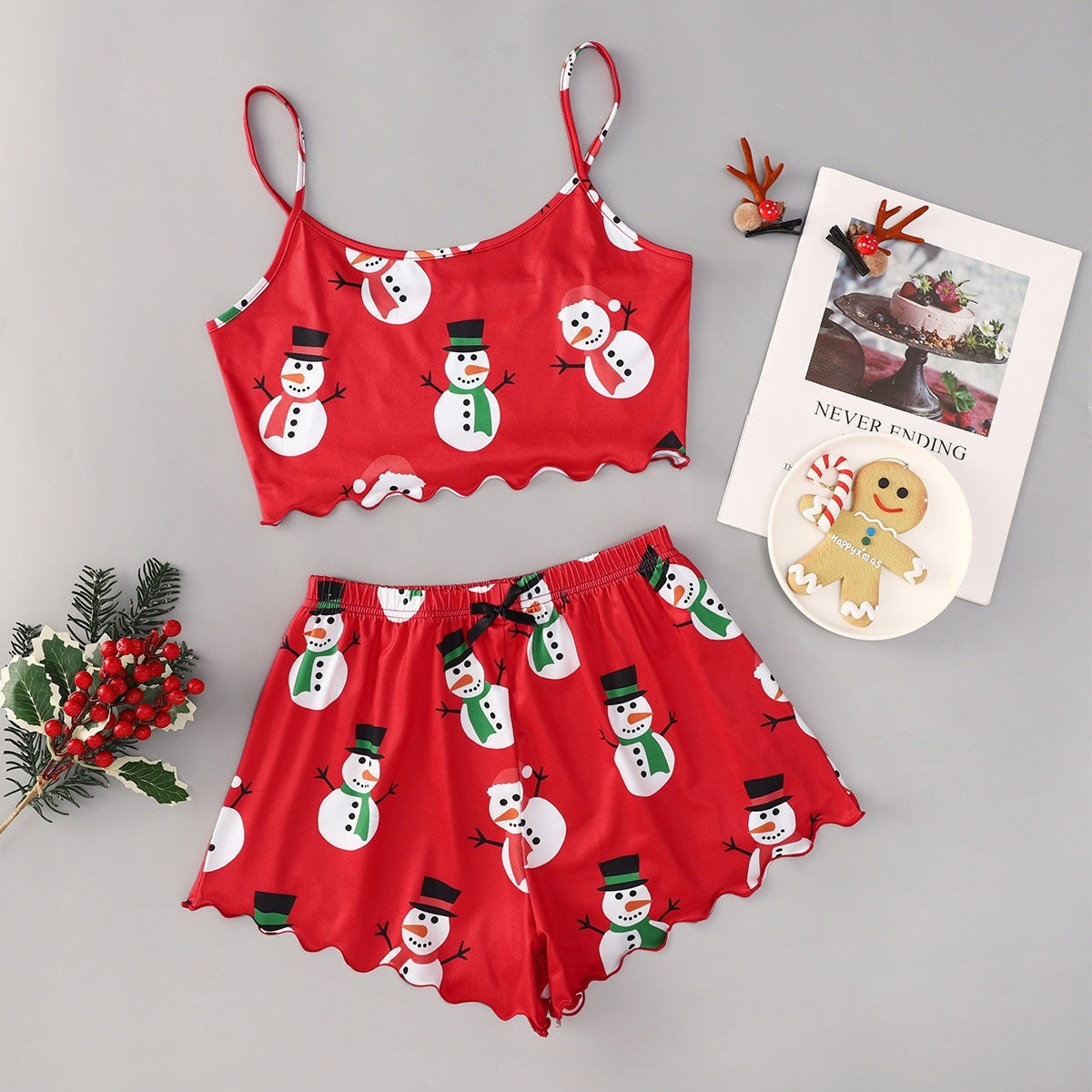 Women's Adorable Two Piece Christmas Pajama Crop Top and Shorts Set-Snowman-Theone Apparel
