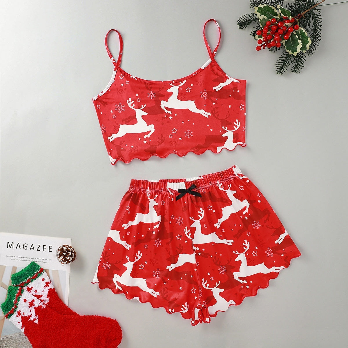 Women's Adorable Two Piece Christmas Pajama Crop Top and Shorts Set-Big Reindeer-Theone Apparel